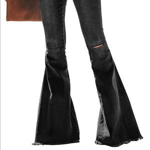 Super flare black distressed stretchy denim pants bell bottom jeans flared wide